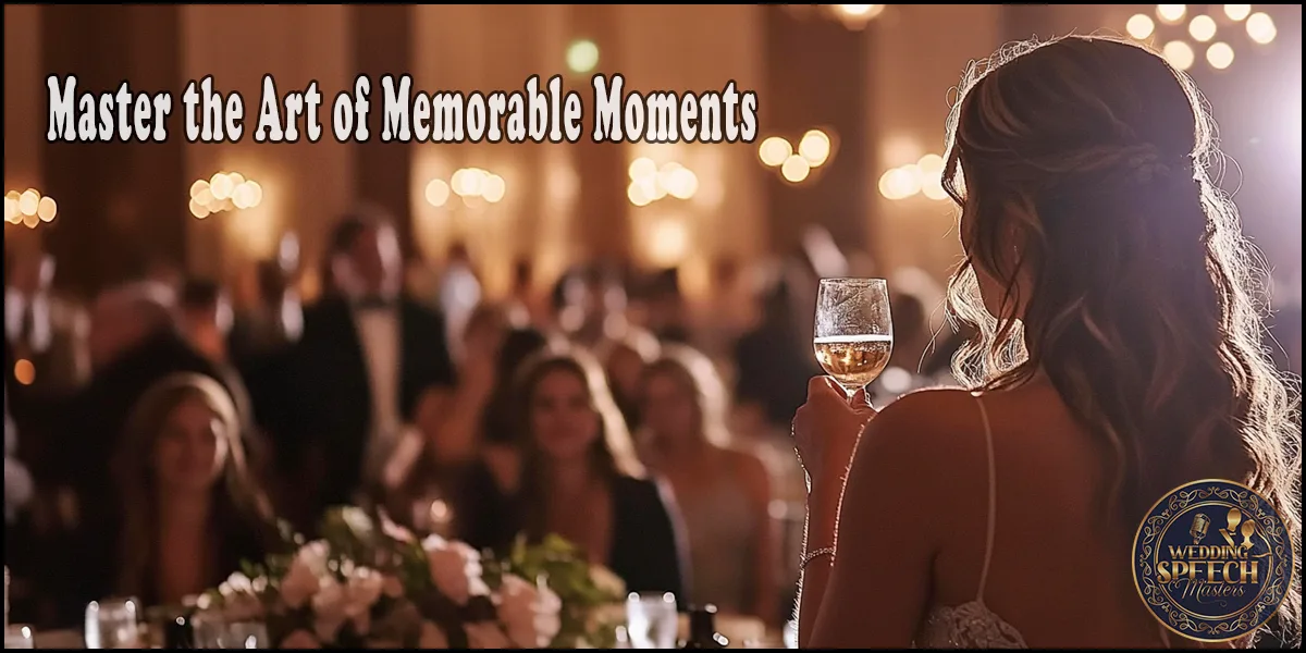 A woman holding a wine glass addresses a seated audience in an elegantly decorated venue. Text reads, "Master the Art of Memorable Moments.