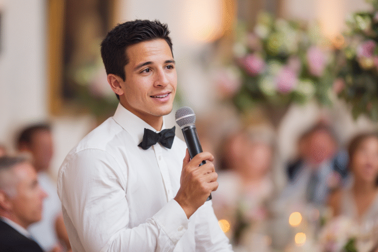 A man in a white shirt and black bow tie holds a microphone, speaking at an indoor event with blurred guests and floral decorations in the background.