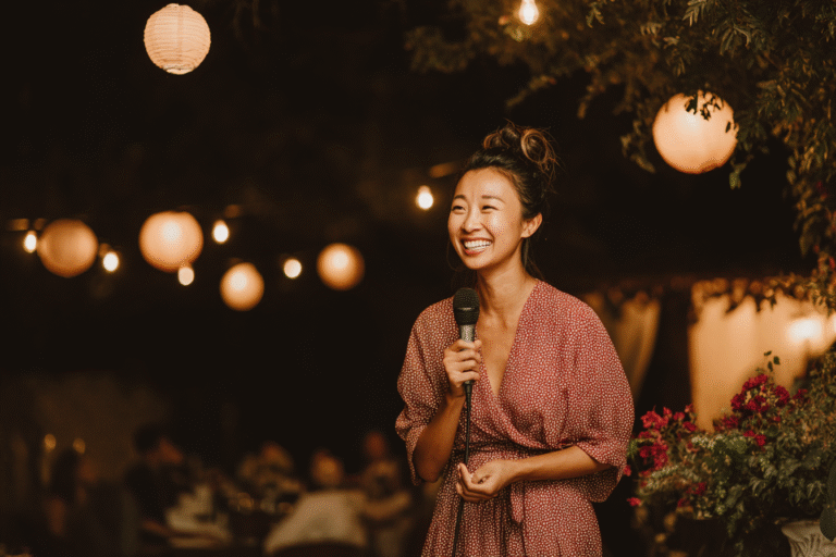 A woman in a patterned dress smiles while holding a microphone at an outdoor event with string lights and lanterns in the background.