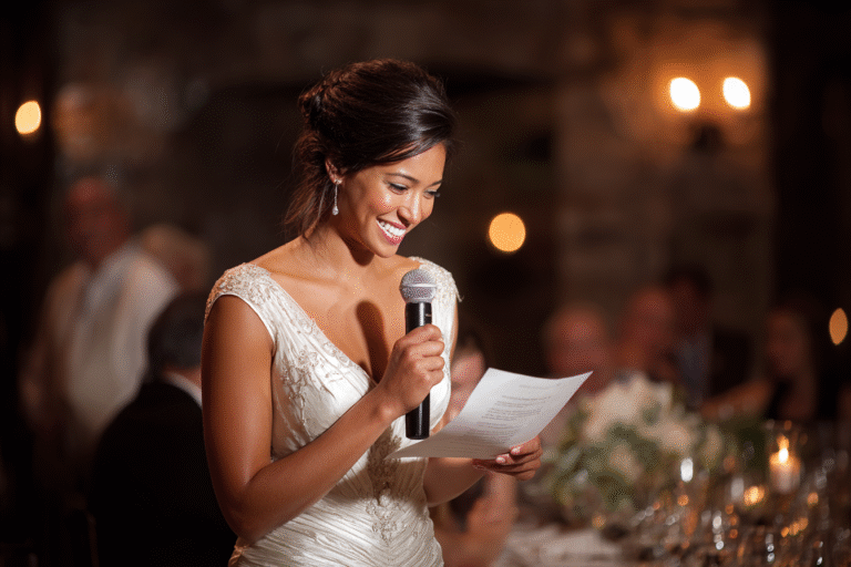A woman in a white dress holds a microphone and reads from a sheet of paper, smiling, at what appears to be a formal event or celebration.