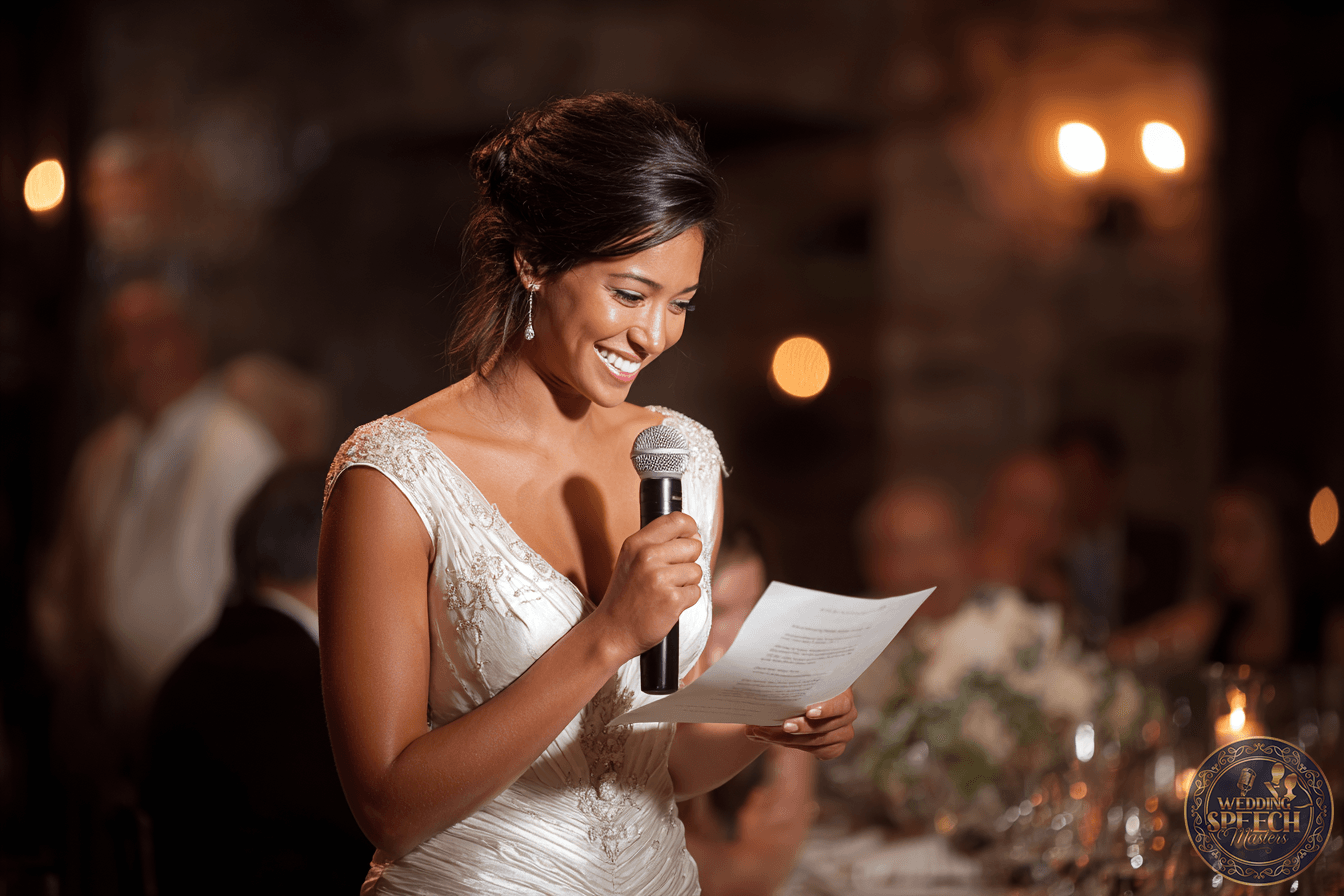 A woman in a white dress holds a microphone and reads from a sheet of paper, smiling, at what appears to be a formal event or celebration.