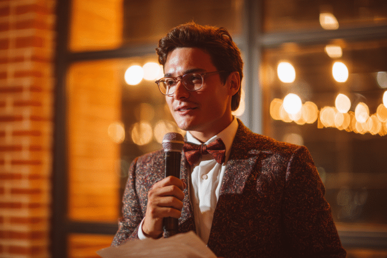 A man in a patterned suit and bow tie holds a microphone and a piece of paper, speaking indoors with warm lighting in the background.