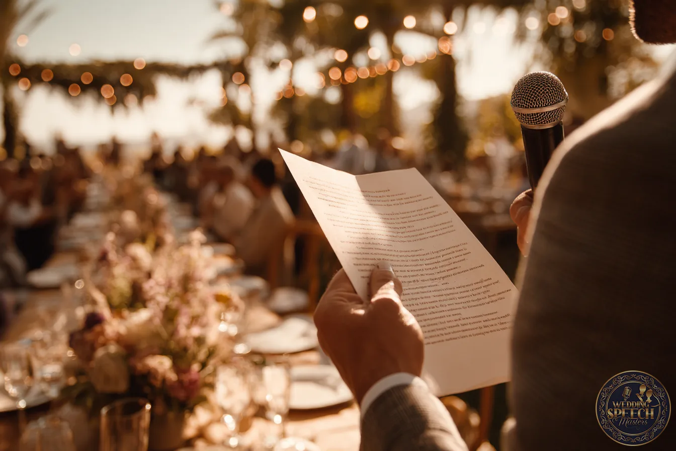 A person holding a microphone and reading from a sheet of paper at an outdoor event with decorated tables and blurred guests in the background.