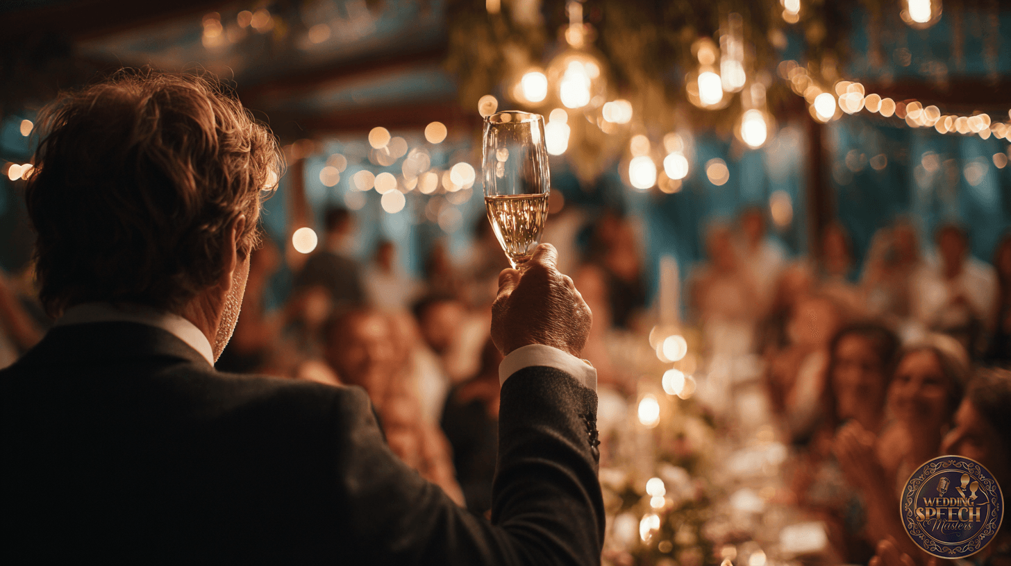 A person in a suit raises a glass for a wedding toast at a formal event, with seated guests and string lights in the background.