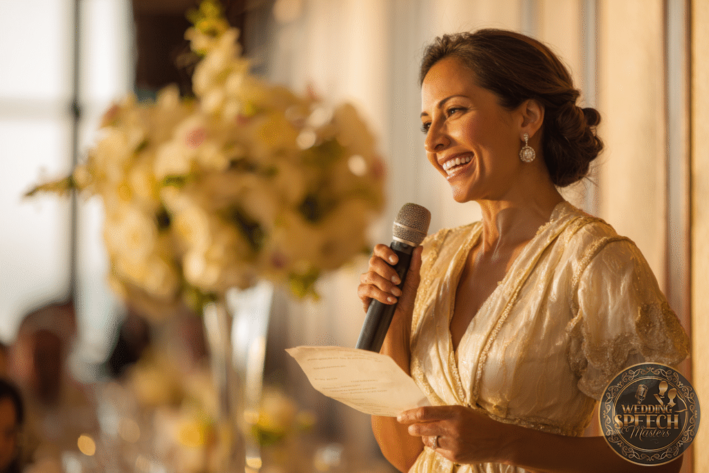 A woman in a formal dress smiles and speaks into a microphone while holding a piece of paper, with a floral arrangement in the background.