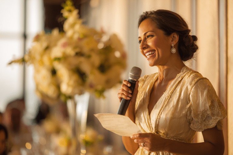 A woman in a formal dress smiles and speaks into a microphone while holding a piece of paper, with a floral arrangement in the background.