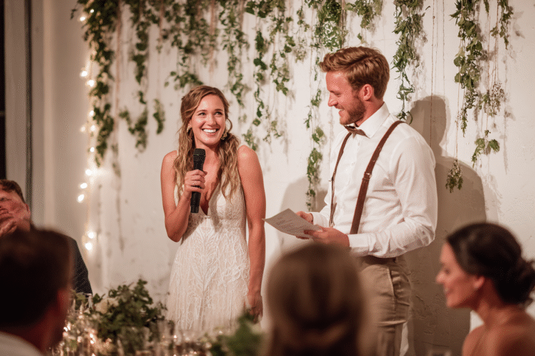 A bride in a white dress smiles while speaking into a microphone next to a man holding papers at a decorated wedding reception.