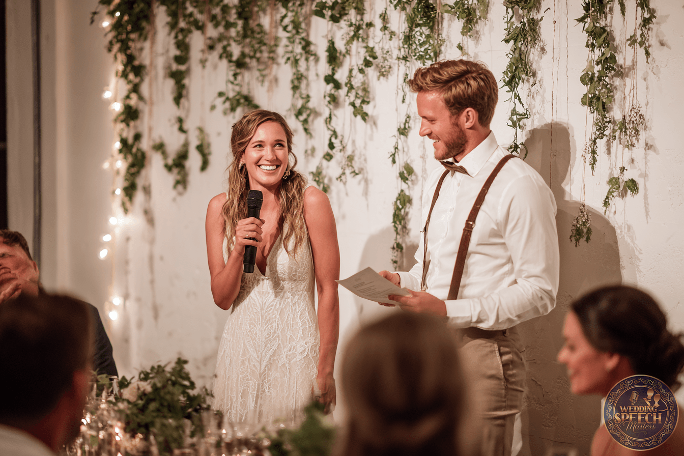 A bride in a white dress smiles while speaking into a microphone next to a man holding papers at a decorated wedding reception.