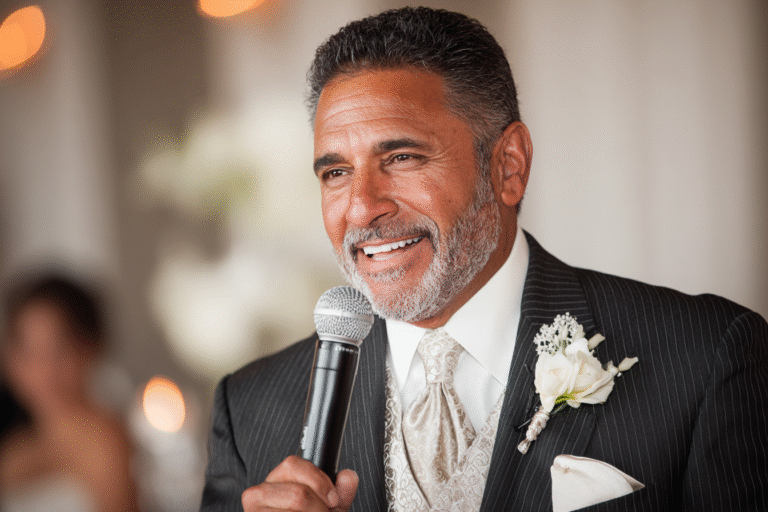 A man in a suit with a boutonnière speaks into a microphone, smiling at an indoor event with a blurred background.