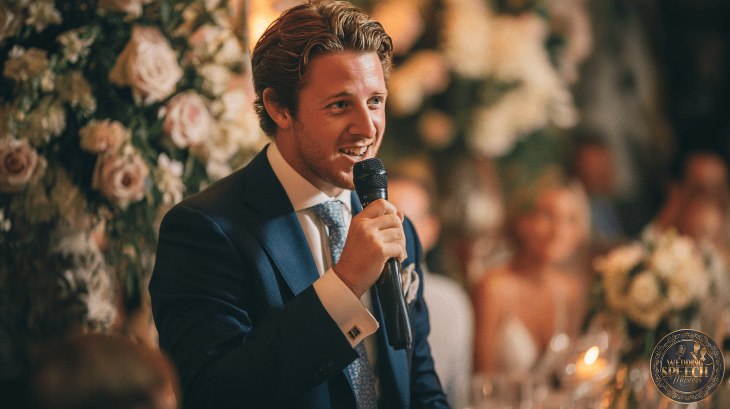 A man in a suit shares words of gratitude and thankfulness into a microphone at an indoor event, with blurred floral decorations and people in the background.