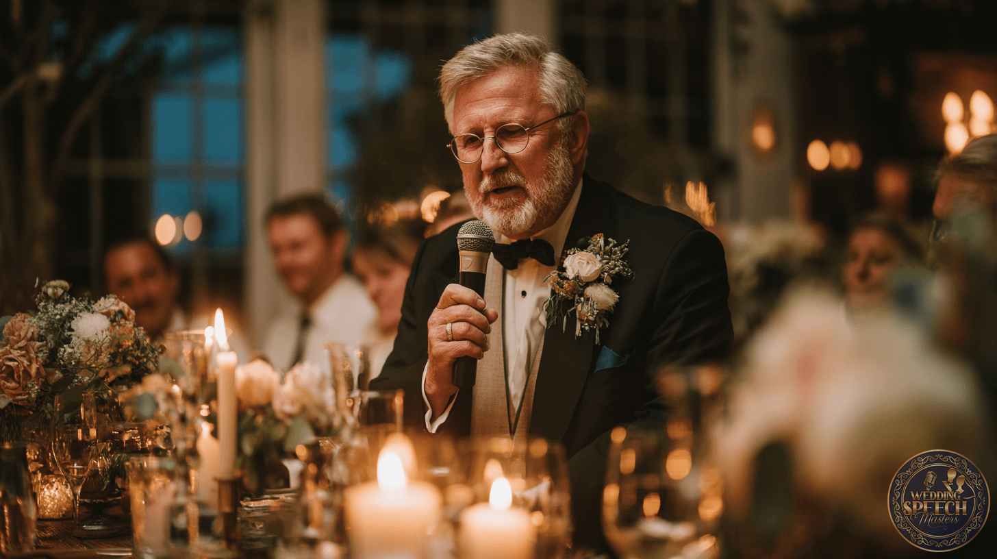 An older man in a tuxedo offers words of guidance and wisdom for the couple, speaking into a microphone at a candlelit formal dinner, surrounded by elegant floral arrangements and attentive guests.
