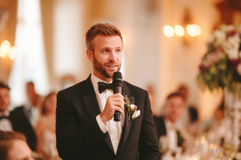 A man in a tuxedo holds a microphone, speaking at a formal indoor event with blurred guests and warm lighting in the background.